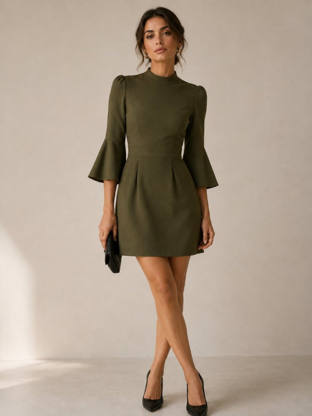 Reiss Cora Womens 0 Olive Green Bell Sleeve Mini Dress Tie Back Quiet Luxury